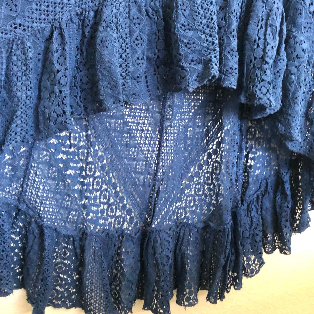 Blue Lace Maxi Dress - Sleeveless High-Low Evening Gown - Picture 6 of 9